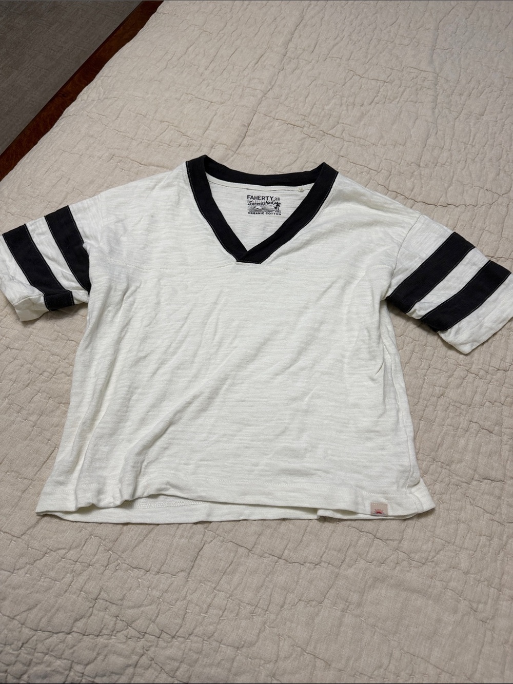 Faherty White V-Neck Tee with Black Trim